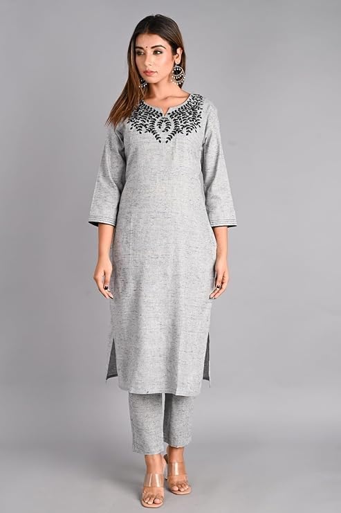 Image of Leaf Embroidered 3 /4 Sleeve Cotton Kurti Pant Set with Dupatta for Women