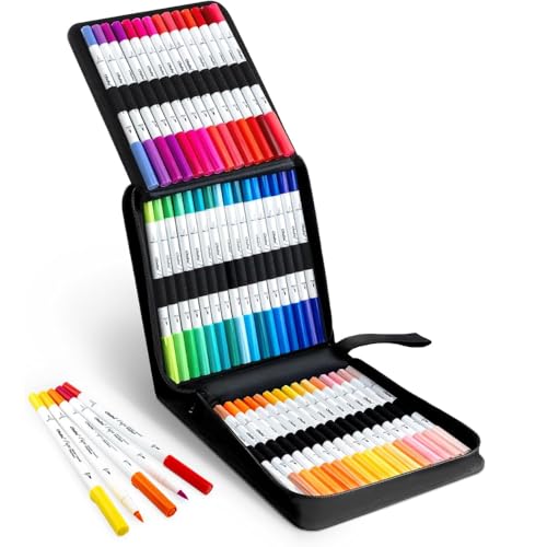 Kit 60 Canetas Aquarela Ponta Dupla – Brush Pen + Fineliner 0.4mm – Estojo Organizador, Ideal para Desenho e Lettering