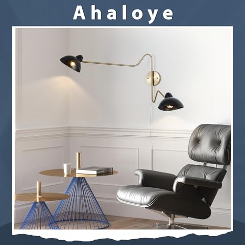 Image of Black and Gold Plug in Wall Sconce, 2-Light Swing Arms Wall Lamp with Plug Cord Big Wall Mount Lighting Fixture for Living Room Bedroom