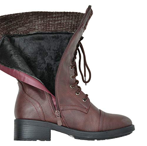 DREAM PAIRS DREAM PAIRS Women's Winter Lace up Mid Calf Combat Riding Military Boots,Size 5,Burgundy
