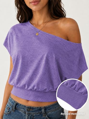 Image of SOFIA'S CHOICE Women's Off The Shoulder T Shirt Crop Top Casual Summer Dolman Sleeve Asymmetrical Cinched Waist Tops