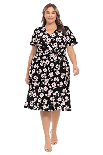 Image of London Times Women's V-Neck Dress - Flounce Hem, Twist Waist, Elegant Office & Event Wear