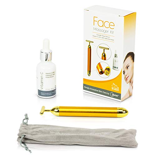 Face Massager Roller Kit with Facial Serum – 24K Gold Plated Beauty Bar Skin Care Massage Therapy Tool – Firms, Tightens Look and Reduces Look of Dark Eye Circles, Fine Lines, Wrinkles + FREE E-Book