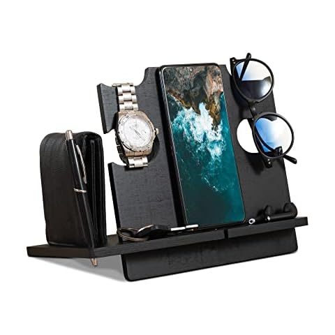 LAC Wooden Docking Station for Men | Wood Phone Holder Bedside Organiser | Mens Gifts for Birthday for Him Xmas Husband Gift Ideas Desk Accessories Presents for Dad Cover