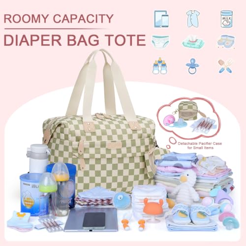 Image of Pritent Diaper Bag Tote - Diaper Baby Bags with Pacifier Case, Shoulder Straps, Stroller Clips, Waterproof Large Mommy Maternity Travel Baby Bag for Mom and Dad, Checkered green, Medium