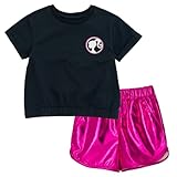 Officially licensed Barbie little girls short sleeve graphic tee shirt and shorts Rib knit crew neck collar; Awesome screen print design with shiny foil; Elastic waist for comfortable stretch and a better fit; Pull on closure; Elastic crop top waist;...