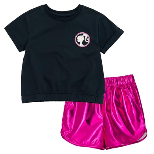 Barbie Girls Crop Top T-Shirt and Metallic Shorts Outfit Set Toddler to Big Kid Sizes (2T - 14-16)