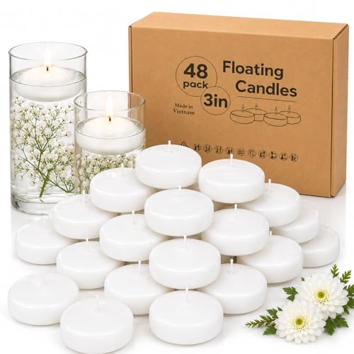 48 Pack 3 Inch Floating Candles, 8 Hour Burn White Real Wax