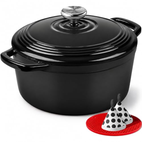 Image of Overmont Enameled Cast Iron Dutch Oven - 5.5QT Pot with Lid Cookbook & Cotton Potholders - Heavy-Duty Cookware for Braising, Stews, Roasting, Sourdough Baking Graphite Gray