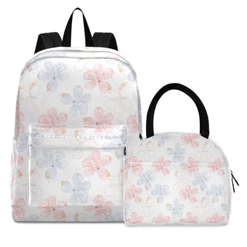 Backpack for Kids, Hibiscus-flowers-floral-print School Backpack with Lunch Box, Boys Girls Bookbag Set for Elementary