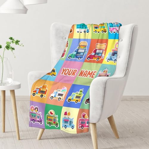 Personalized Food Truck Blanket Gifts with Name - 60x80 Inches Funny Throw Blanket for Boys & Kids - Colorful Soft Fuzzy Car Blankets for Bed, Couch & Living Room