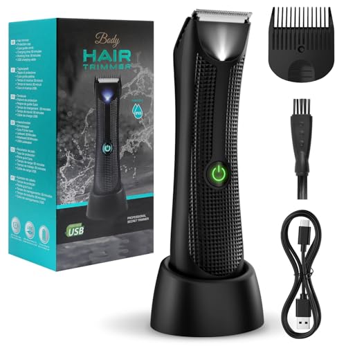 Vexloria Pubic & Body Hair Trimmer for Men, Body Groomer, Electric Groin Hair Trimmer with Ceramic Blade Head, Wet/Dry Shaver with LED Light and Charging Base（Black）