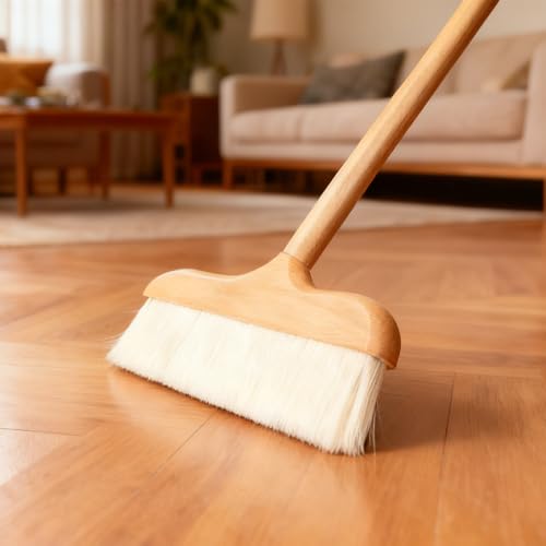 Gloffer Indoor Wood Wool Broom,Ultra Soft Bristles Broom with Long Handle,Sweeping Kitchen Brooms for Home Cleaning,Floor,Office