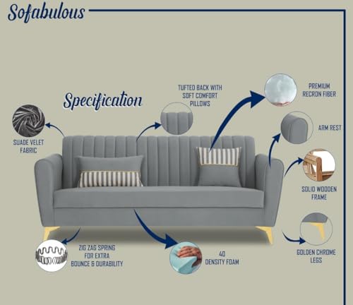 Image of MS Luxury FURNITRE Premium Luster 3-1-1 Sofa Set | Velvet Suede Fabric | 5 Colors and Golden Legs & Striped Pattern Cushion (Grey, 3+1+1)