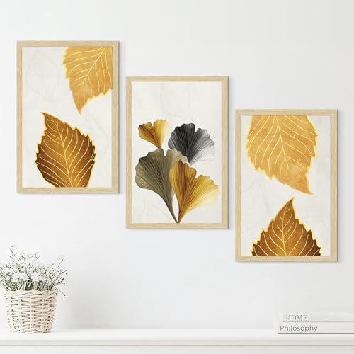 Image of ArtX Paper Modern Art Wall Painting For Living Room,Drawing Room Decoration Big Size, Leaves Framed Painting for Wall Decoration, Mordern Wall Decor For Bedroom,Multicolor, 36.0 x 18.0 inches,Set Of 3