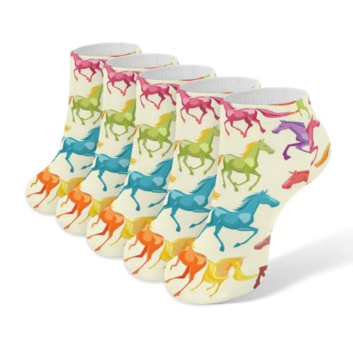 5 pares de calcetines tobilleros de razas de caballos multicolores, casuales, de corte bajo, atléticos, calcetines deportivos