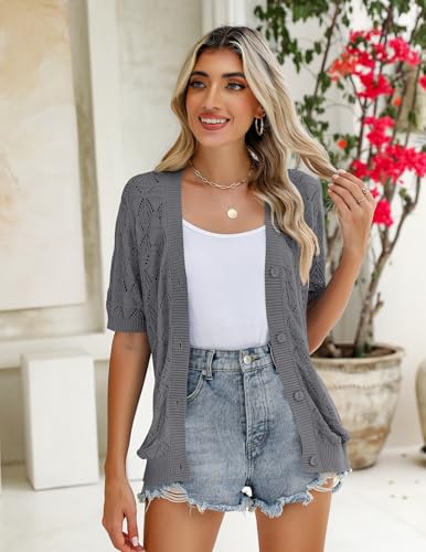 Image of Zeagoo Women's Short Sleeve 2026 Summer Crochet Cropped Cardigan V Neck Button up Bolero Shrug Sweater