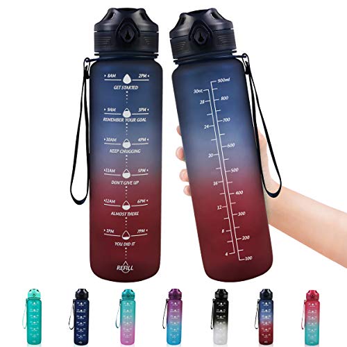 Lunidry Water Bottle with Straw & Time Marker, 32oz Motivational Water Jug BPA-Free Leakproof, to Ensure You Drink Enough Water for Outdoor, Sports, Fitness, Lockable Pop Open Lid (Navy Blue/ Red Gradient)