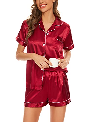 Women's Silk Pajama Sets Satin Sleepwear Button Down Short Sleeve Pj Tops and Shorts 2-Piece Loungewear4