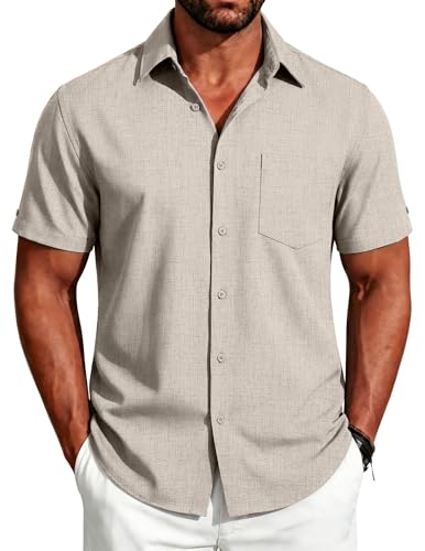 Image of COOFANDY Men's Button Down Shirts Short Sleeve Casual Shirts Summer Beach Linen Shirts with Pocket