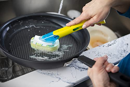 Image of Scrub Daddy Dish Wand, Soap Dispensing Dish Brush, Texture Changing Washing Up Sponge with Liquid Handle, Built-in Scraper & Detachable Scrubbing Head, Drip Stand, Yellow