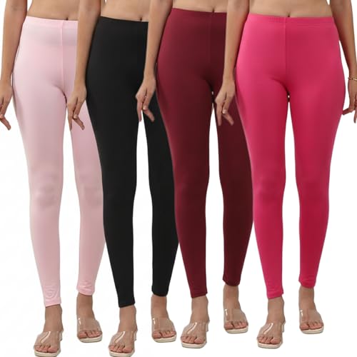 Image of Volex Women and Girls Full Length Leggings | Cotton Spandex /Elastane 4 Way Stretchable | Casual Slim fit Ultra Soft Leggings-Pack of 4