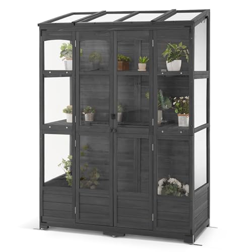 MCombo Wooden Greenhouse, Walk-in Outdoor Greenhouse with Openable Roof and Lockable Door, 0899 (Dark Grey)