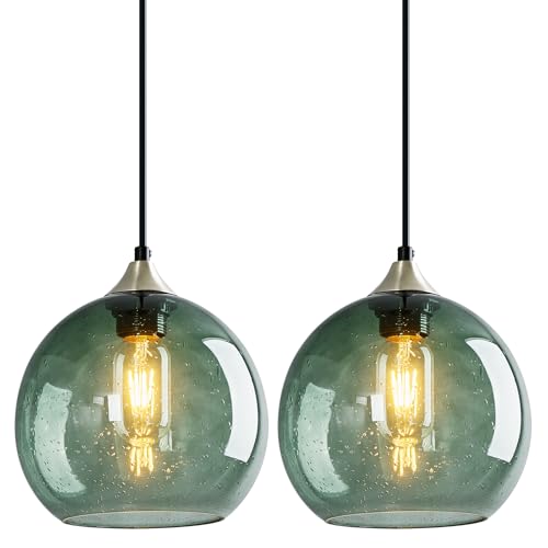 Image of Gray Green Glass Pendant Lights Kitchen Island Lighting Globe Pendant Light Fixtures Modern Pendant Lighting for Bedroom Living Dining Room Light Fixture(7.87in, 2 Pack)
