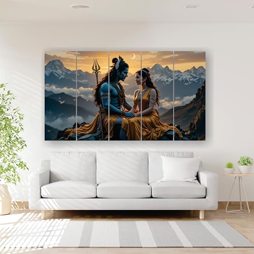 Image of RAVLEX Shiv Parvati Wall Painting for Living Room, Wooden Framed UV Printed Wall Art for Bedroom, Office, Hotel and Drawing Room, Multi Panel Decorative Painting, 24 x 48 Inch