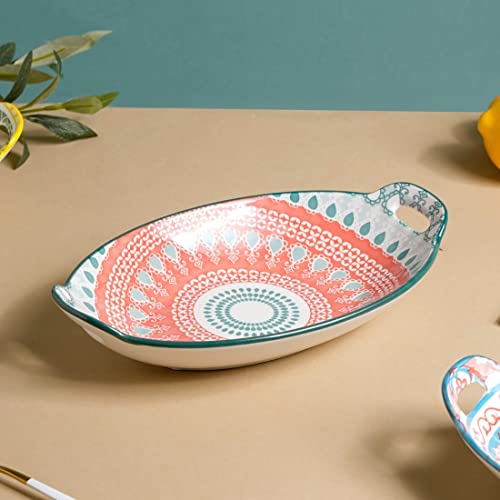 Image of Nestasia Mandala Ceramic Long Dish with Handles (10.8 Inch) - Elegant Oval Serving Platter for Snacks, Appetizers, Salads, and Noodles | Microwave & Dishwasher Safe (Red & Green)