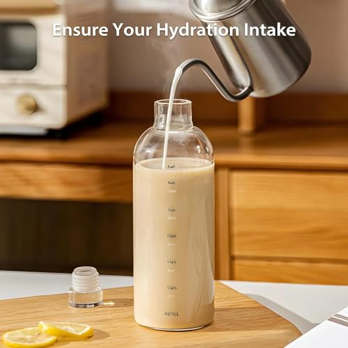 Image of Borosilicate Glass Water Bottles with Cap, Transparent Water Bottle 1 litre Glass Motivational Bottle with Time Marker Cute Glass Milk Juice Drinking Bottles for Women (Transparent 1000ml)