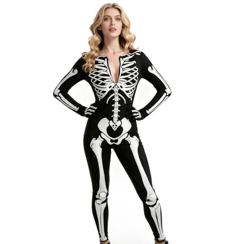 Raveparty Skelett Kostüm Damen, Skelett Onesie, Halloween Kostüm Jumpsuit Damen, für Cosplay Karneval Horror Outfit (Style A, S)