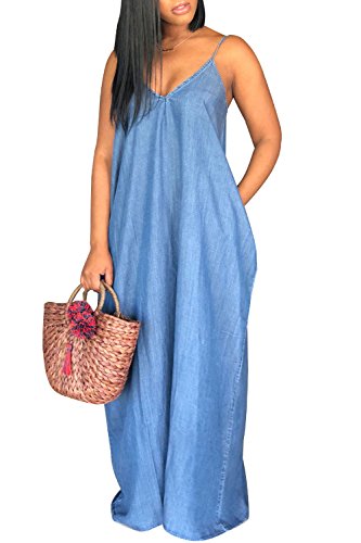 Leezeshaw Women Casual Condole Belt Deep V Neck Loose Denim Maxi Dress