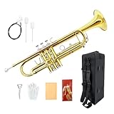 WUQIMUSC Standard Bb Trompete Set für Anfänger, Studenten Trompete, Messing Trompeteninstrument, B Flach, mit 7C Mundstück, Reinigungstuch, Handschuhen und Hartschalenkoffer (Golden)