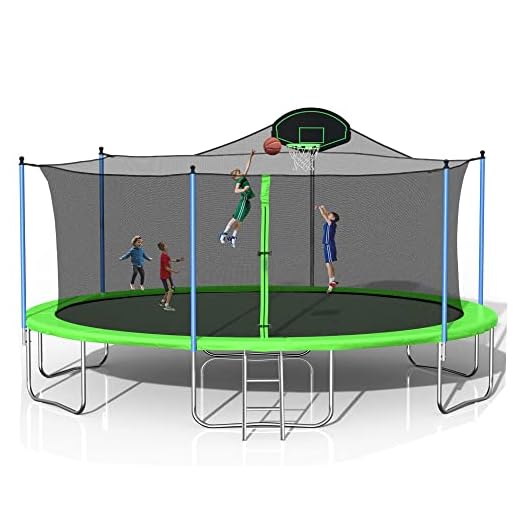 EMKK 16 FT Trampoline Trampolines with Basketball Hoop, Outdoor Safety Enclosure Net and Ladder, Waterproof Spring Pad Premium Jump Mat for Kids Adults,Suitable Backyard Park, Green