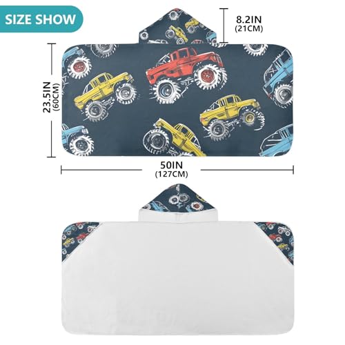 Image of Colorful Monster Trucks Style Hooded Beach Towel for Kids, Kids Bath Hooded Towels for Boys Girls, Super Soft Absorbent Bathrobe with Hood for Swin Pool 50 inchx23.5 inch
