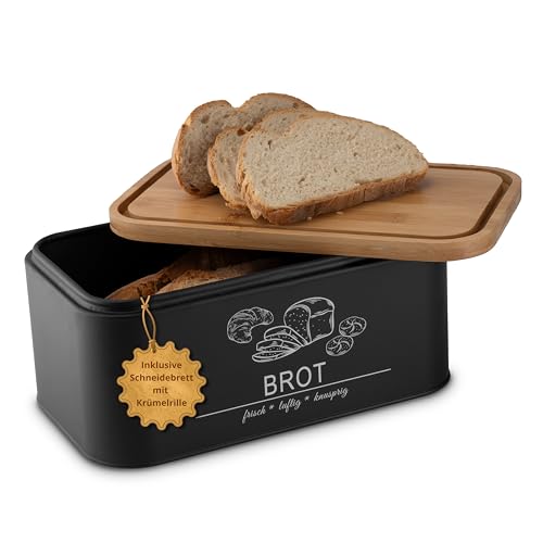 Brotkasten mit Schneidebrett - frisches Brot länger genießen - Brotbox zur einfachen Brotaufbewahrung - Brotkorb modern Schwarz - Brot Aufbewahrungsbox - Bread Box - MNKsolution