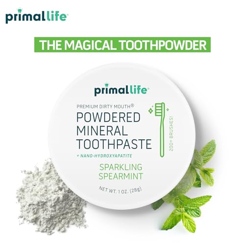 Image of Primal Life Organics - Dirty Mouth Toothpowder, Tooth Cleaning Powder, Flavored Essential Oils with Natural Kaolin & Bentonite Clay, Good for 200+ Brushings, Paleo, Organic, Vegan (Spearmint, 1 oz)