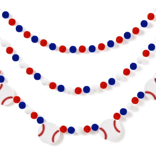 Image of 3 Pcs Baseball Decorations Baseball Felt Garlands Pre-Strung Hanging Banner Red Blue White Pom Pom Happy Party Supplies for Baby Shower Birthday Party