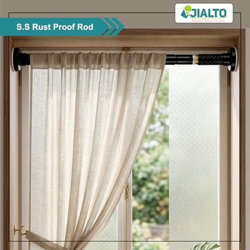 Image of JIALTO Adjustable Bathroom Curtain Rod | Extendable 90 To 160 Cm Shower Curtain Rod Without Drill for Wall Anti-Skid Spring Pull | Door Curtain | Bathroom Pipe Rod | Curtain Stand - BLACK, Pack Of - 2