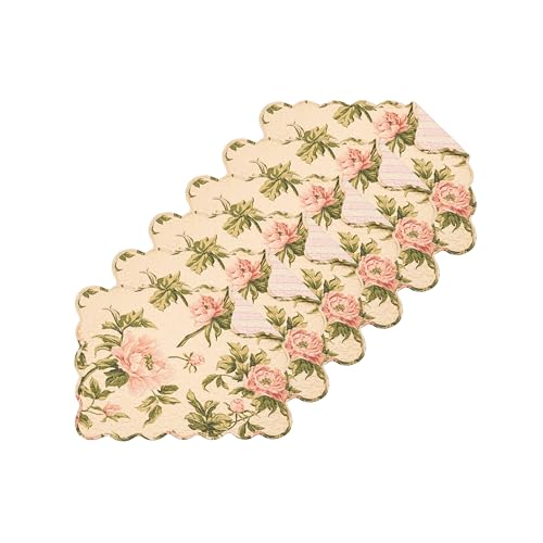 Image of C&F Home Journee Reversible Scalloped Quilted Vintage Floral Flower Themed Dining Tabletop Placemats Set of 6 All Seasons Spring Summer Home Kitchen Dinner Table Decor Decoration Pink & Cream
