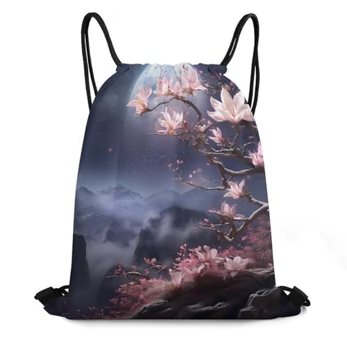Black And White Full Moon with Magnolia Flower Drawstring Backpack Durable Sport Gym Bags Daypack for Men Women 35 * 42cm