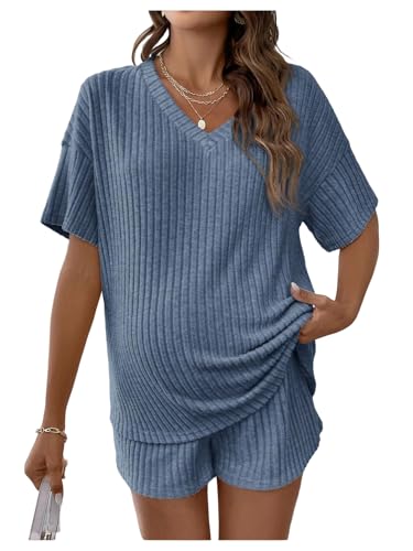 Image of MakeMeChic Women's Maternity 2 Piece Outfits Summer Short Sleeve Rib Knit Tee Top and Short Lounge Sets Clothes