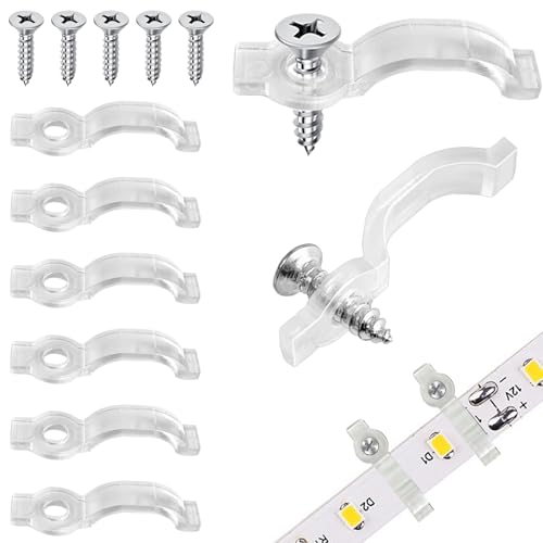ZNBSIXP 100 Pack Strip Light Mounting Brackets Transparent Fixing Clips with 100 Screws One-Side Fixing Light Strip Clips for Outdoor for 10mm Wide Waterproof Light Strip