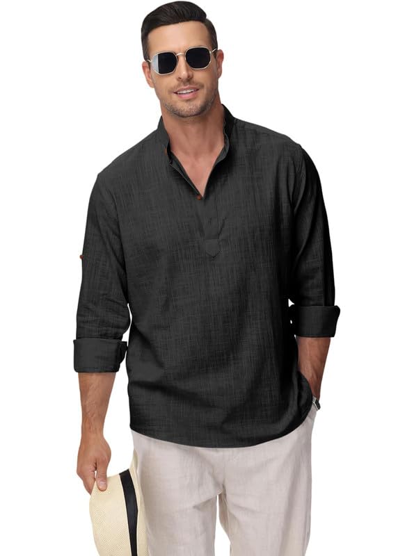 Image of Macsivo Men's Cotton Blend Solid Short Kurta with Regular Lenth Mandarin Collar Short Button Placket Rolled up and Full Sleeves Kurta for Men