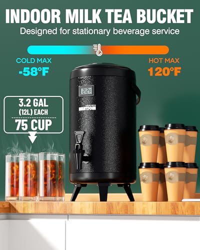 2 Pack Thermal Beverage Dispensers - 2 x 12L/3.2Gal Black Stainless Steel Containers, LCD Thermometer, Triple-Layer Insulated, Non-Electric Hot & Cold Beverage Dispensers for Parties