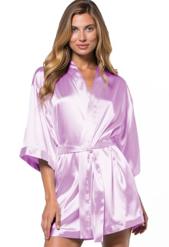 Image of Turquaz Women's Bride Bridesmaids Robe - Satin Kimono Robes for Wedding & Bridal Party Silk Like Lightweight Robes for Women, Lavender, Large