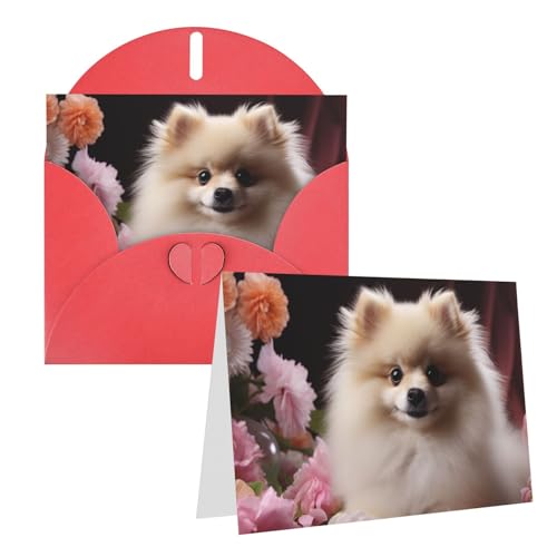 QMNEHJ グリーティングカード サンキューカード 封筒付き ブランクノートカード 4x6インチ バースデーカード ポメラニアンと花 ウェディングカード お悔やみカード おもしろい 思考カード あらゆる機会に