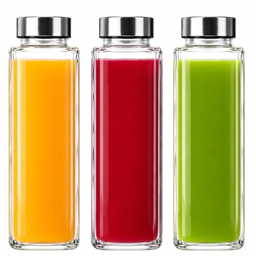 Image of 750ml Premium Square Glass Bottle with Leak Proof Stainless Steel Lid, Glass Juice Bottle for Water, Detox Drinks, Milk, Cold Coffee & Oil, Refrigerator Safe, Pack of 3