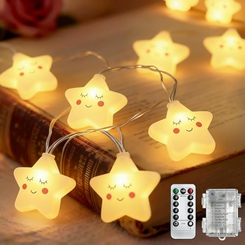 ZCLIKEU Sterne Lichterkette Batterie 3 m 20 LEDs Lichterkette Kinderzimmer Warmweiß 8 Modi Mit Timer Fernbedienung IP44 Wasserdicht Lichterketten Für Kinderwagen Kindergeschenke Ramadan Deko